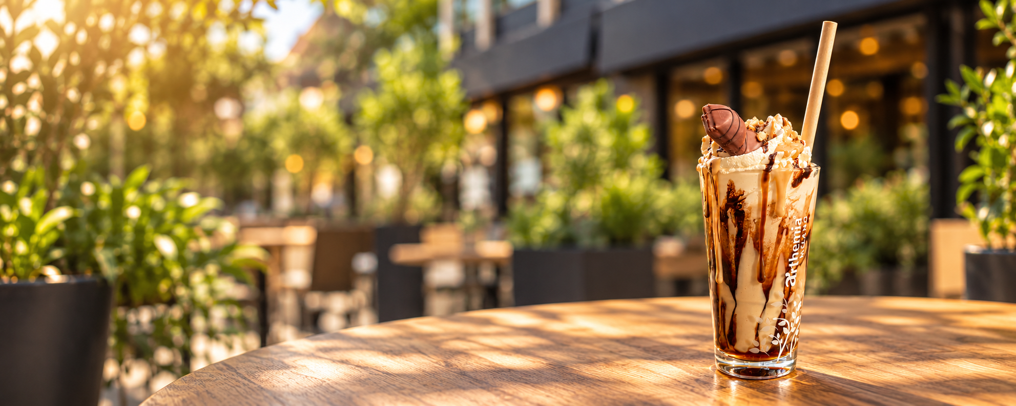 Ijskoffie op zonnig terras