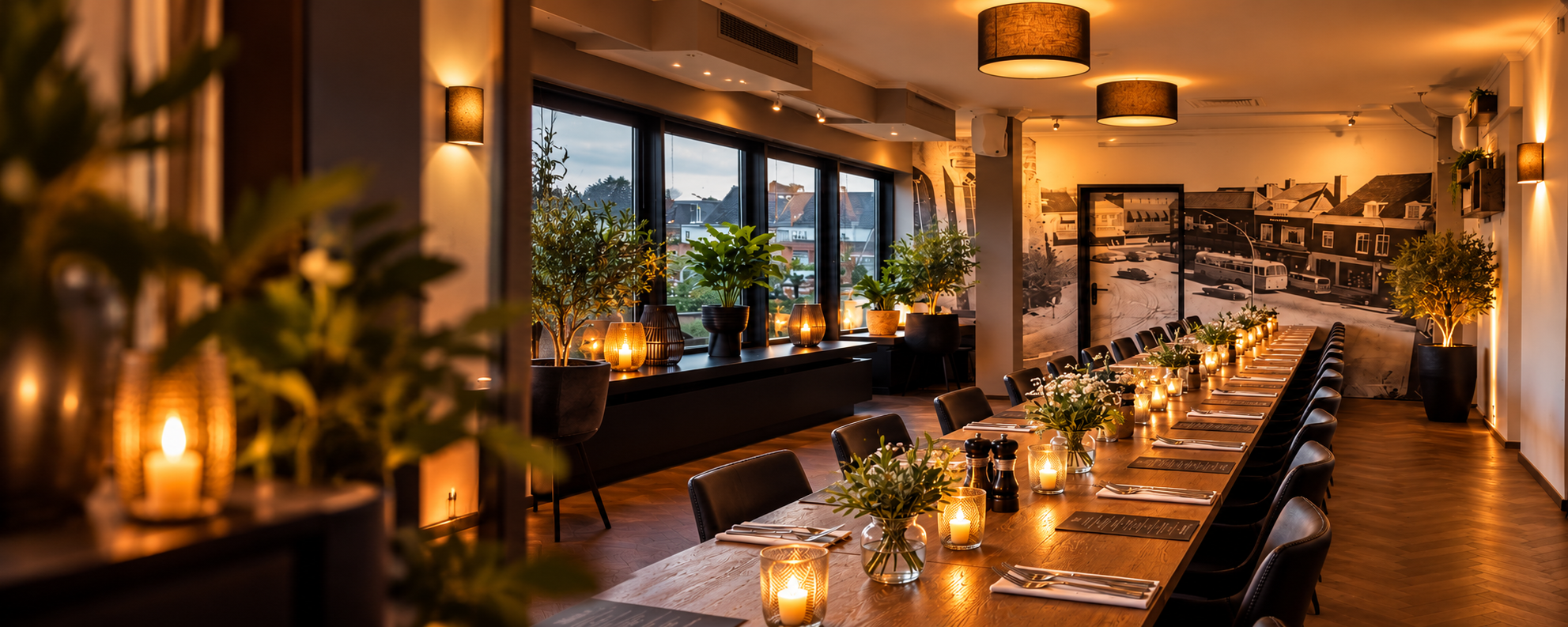 Sfeervolle eetzaal met houten tafel